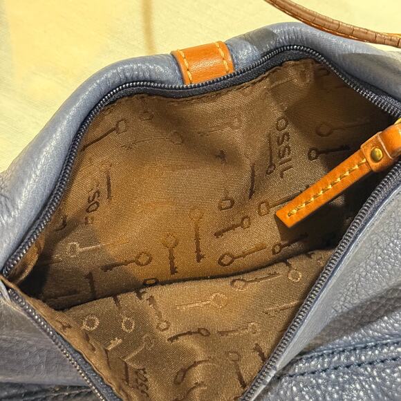 Fossil Blue Pebbled Leather Crossbody Bag Brown Trim Vintage Style - Picture 5 of 15